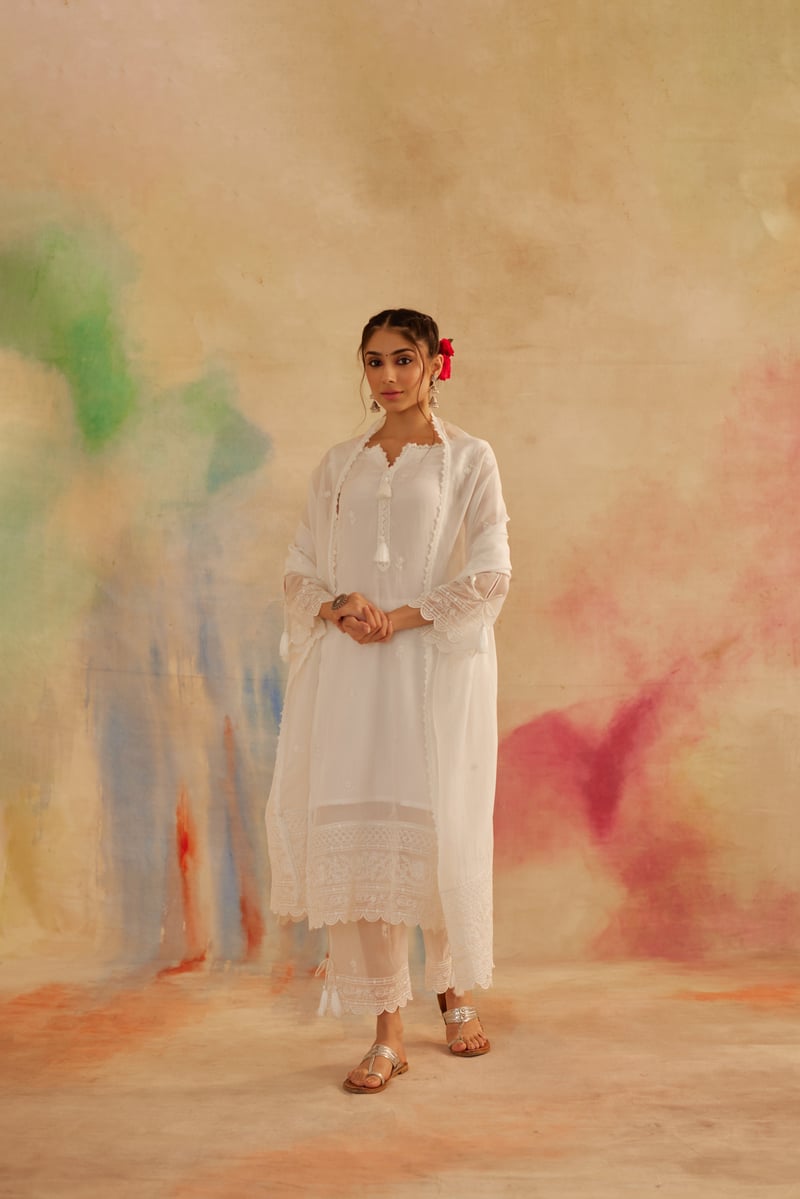 Ivory White Organza Embroidered Straight Suit Set