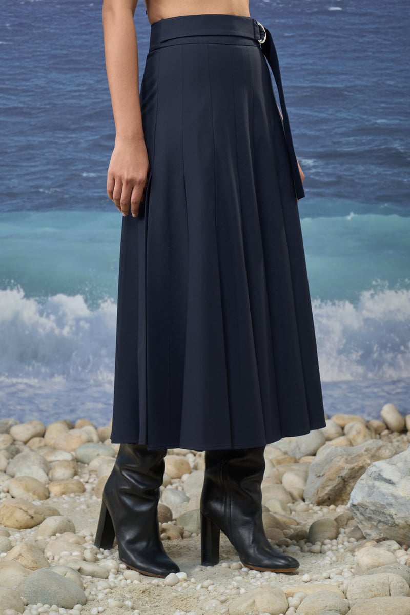 Navy High-Waist Pleated Midi Skirt with Belt Detail