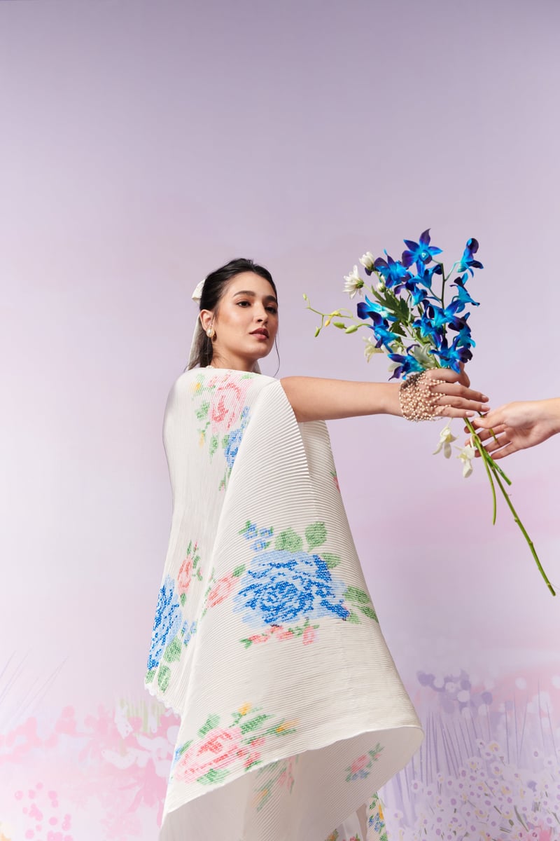Ivory Pleated Satin Cape with Floral Motifs