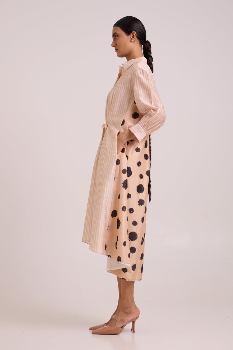 Almond Mixed-Print Midi Shirt Dress with Tie Belt
