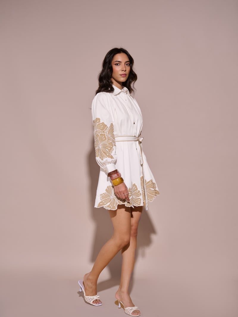White Belted Floral Motif Mini Shirt Dress
