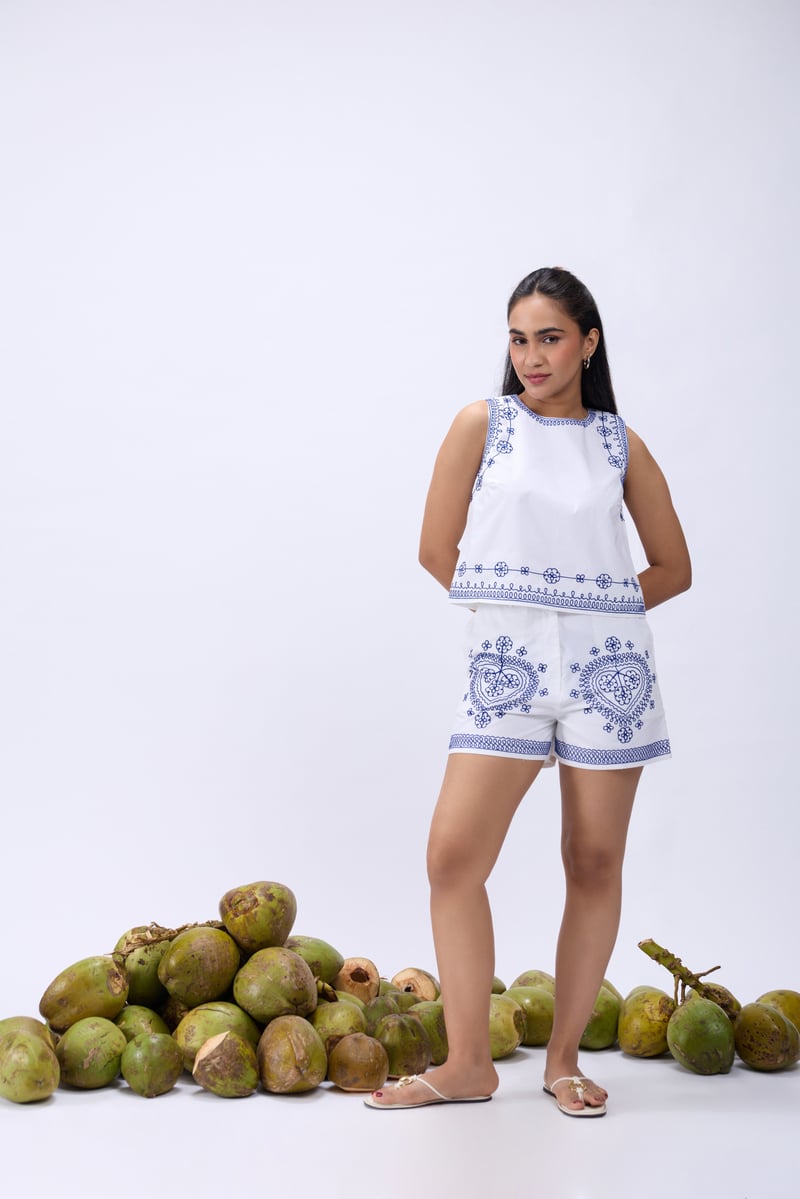 Ivory Embroidered Sleeveless Blouse and Shorts Co-ord Set