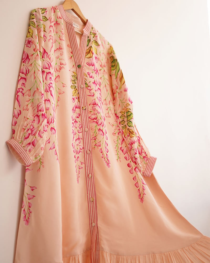 Peach Floral Printed Maxi Shirt Dress with Button Front