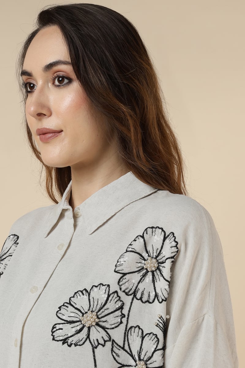 Natural Floral Embellished Longline Shirt