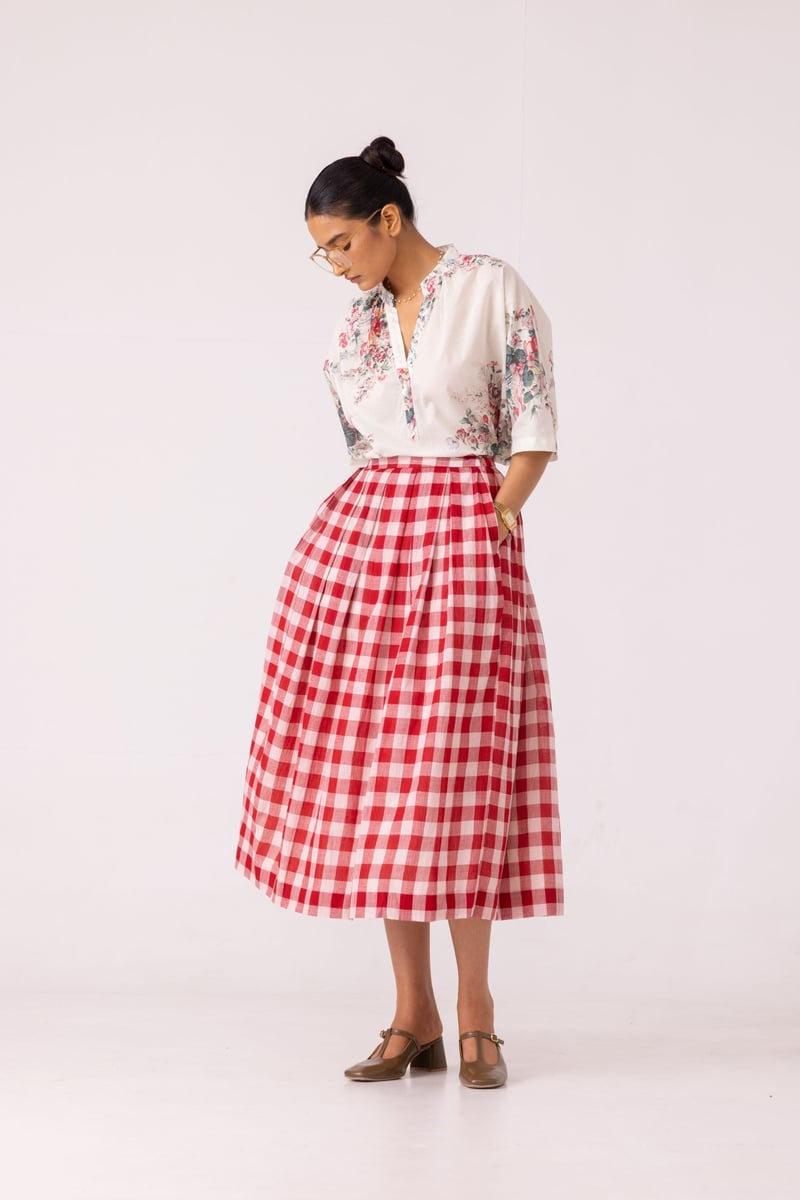 Red Checked Handwoven Cotton Midi Skirt with Box Pleats