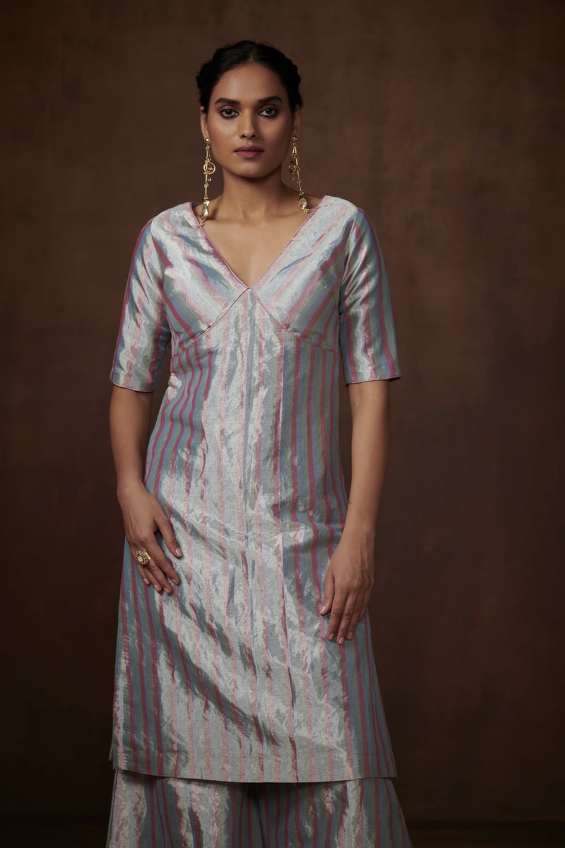 Multicolor Pastel Striped Tissue Kurta Set with Palazzo