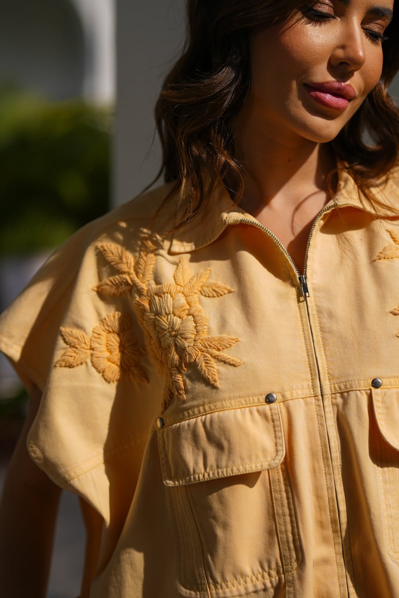 Yellow Denim Co-ord Set with Tonal Embroidery