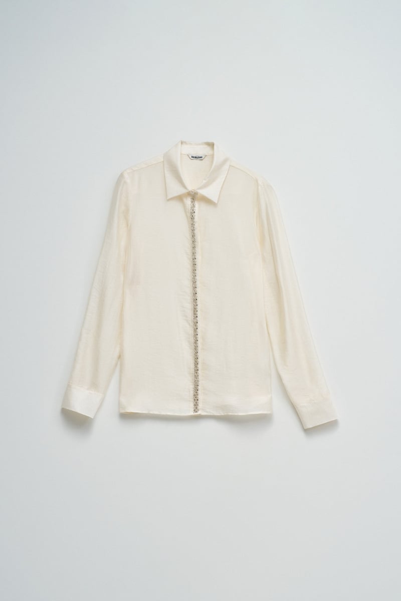 Light Beige Embellished Placket Button-Down Shirt
