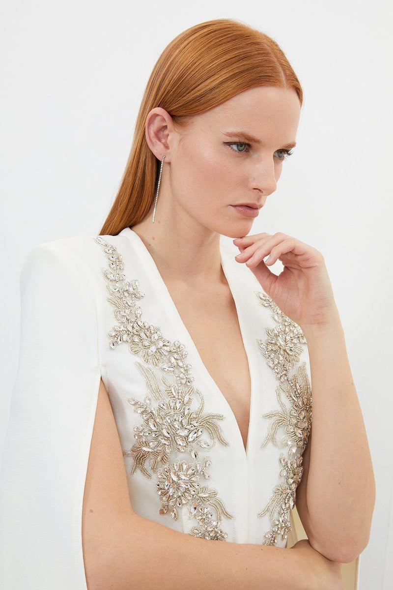 Cream Embellished Cape Sleeve Slim Fit Jacket