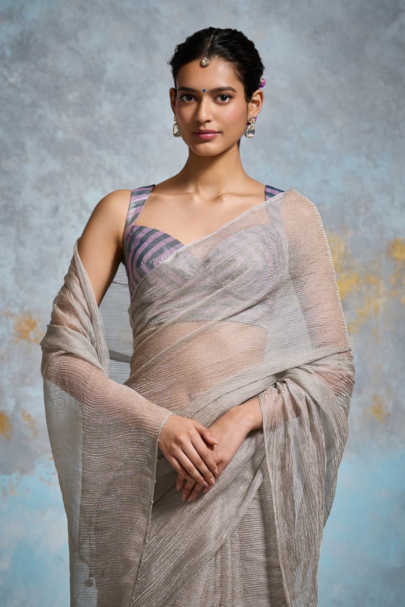 Silver/Grey Crinkle Tissue Saree with Beaded Pallu