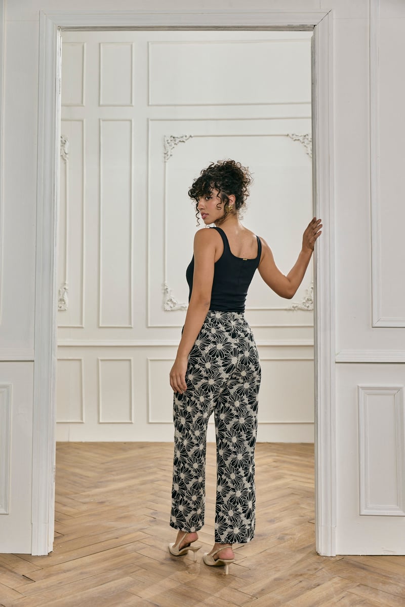 Black Schiffli Embroidered Wide-Leg Cotton Trousers