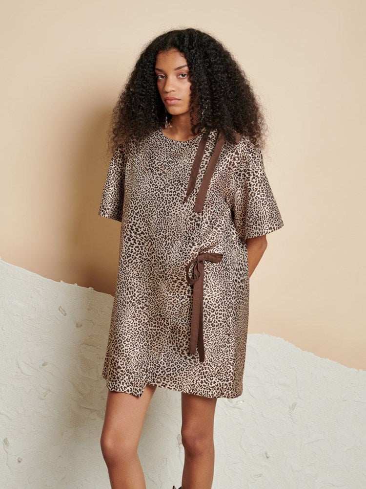Tan Leopard Jacquard Wrap Mini Dress with Tie-Up Details