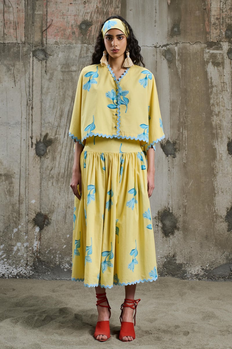 Yellow Floral Printed High-Waist Midi Skirt