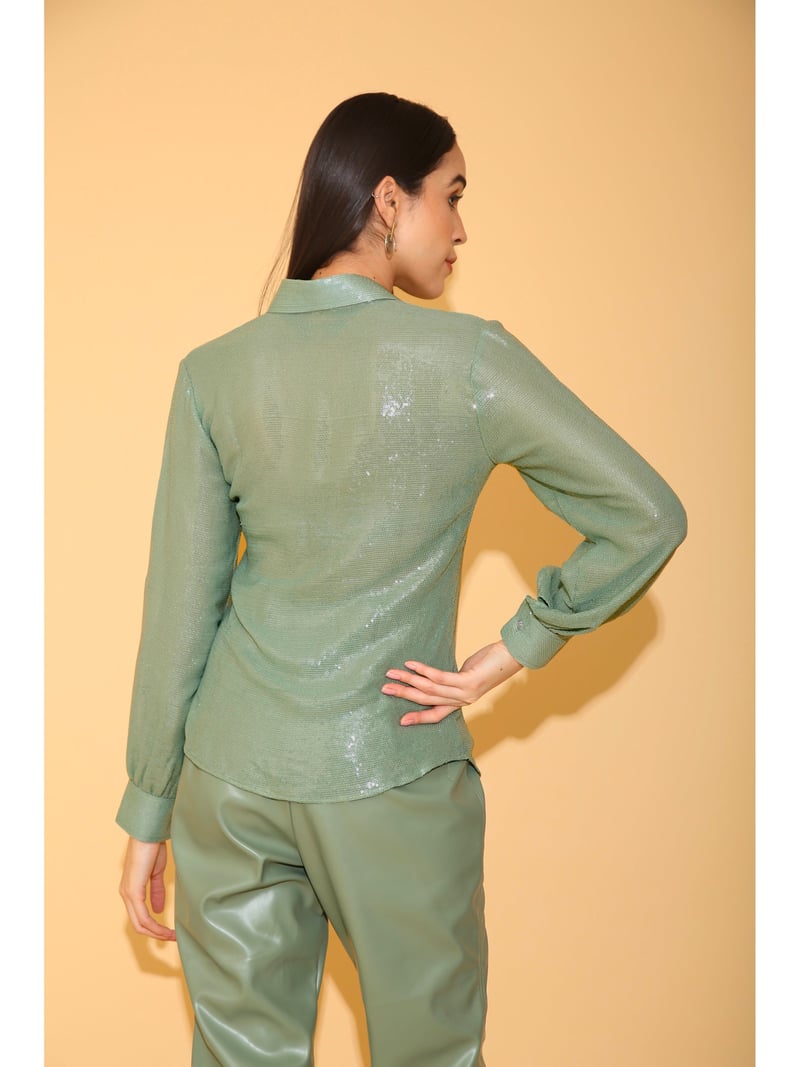 Aqua Blue Sequins Georgette Shirt with Balloon Sleeves