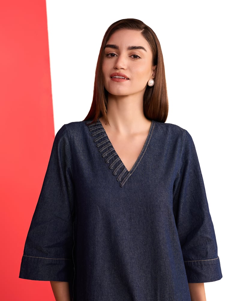 Denim Blue V-Neck Straight Kurta and Pant Set