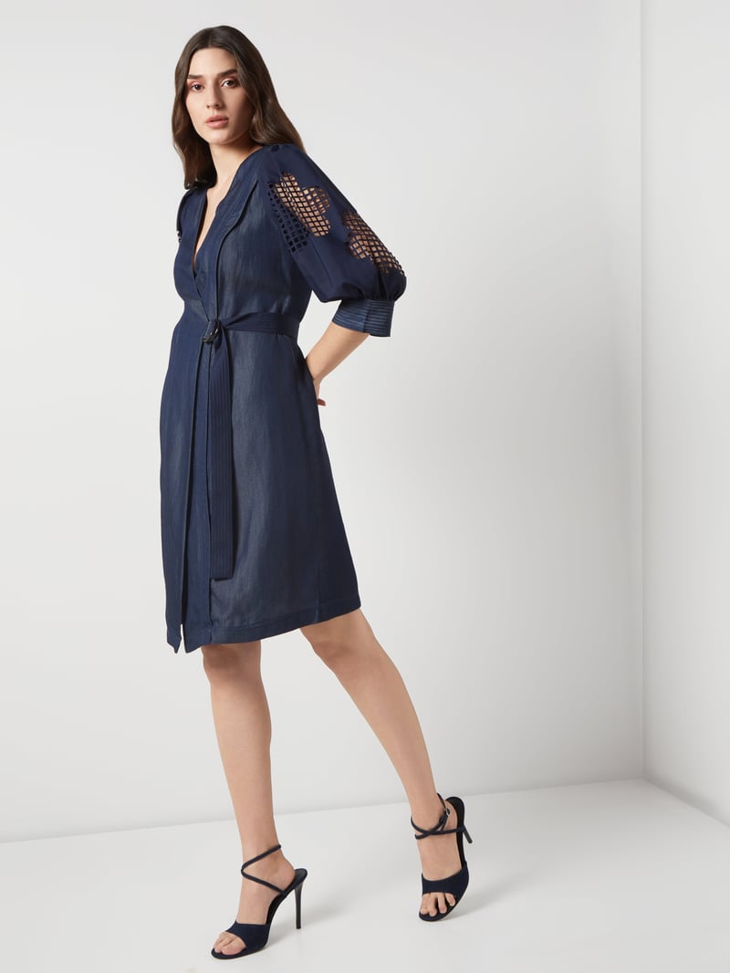 Navy Tencel Denim Wrap Dress with Cutwork Sleeves
