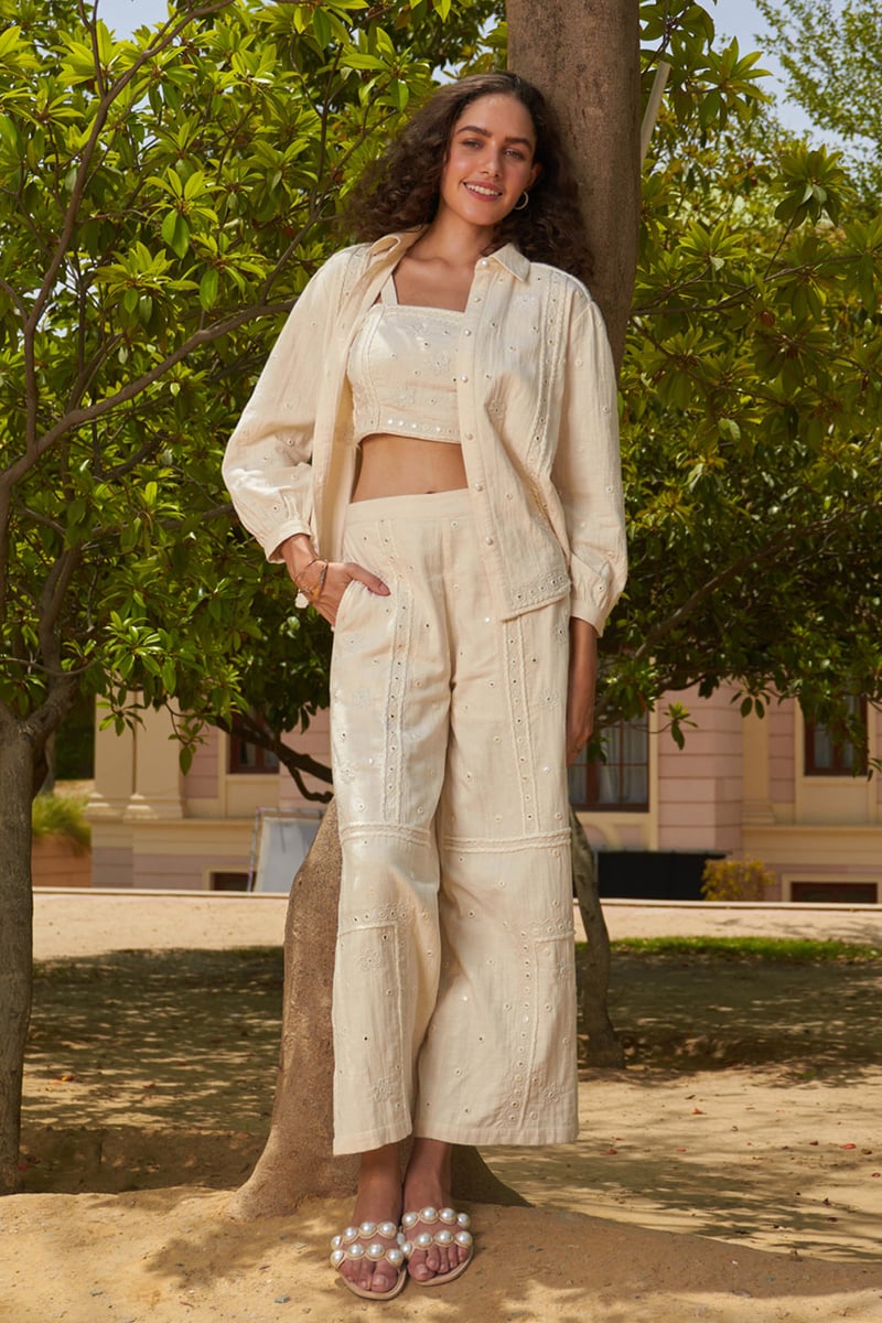 White High-Waist Wide-Leg Mirror Work Pants