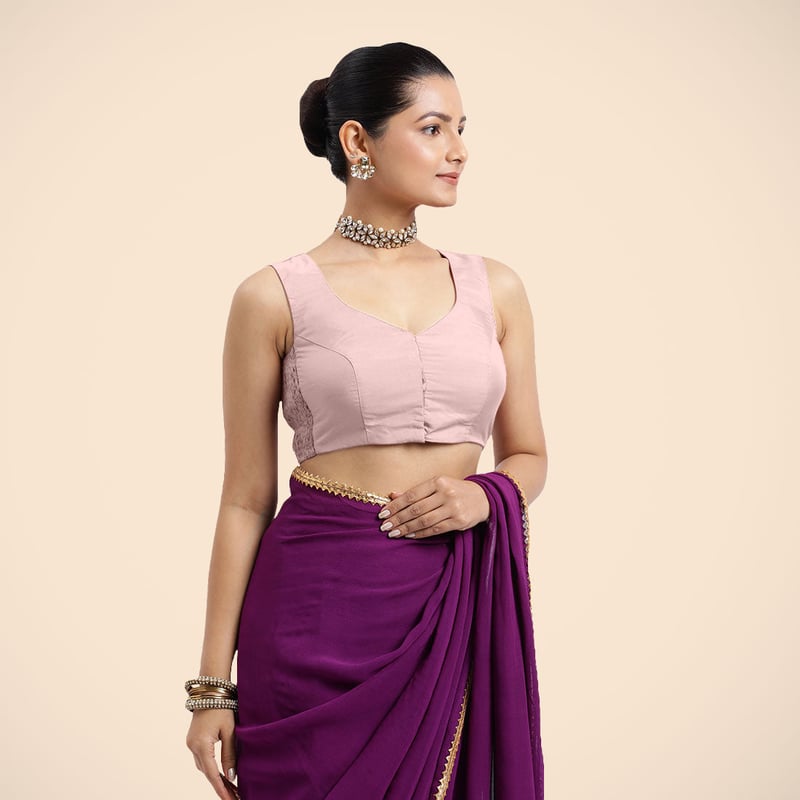 Baby Pink Sleeveless V-Neck Front-Open Saree Blouse