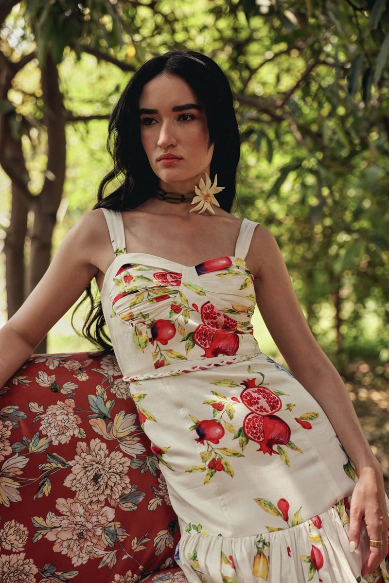 Off White Sweetheart Neck Fruit Print Maxi Dress