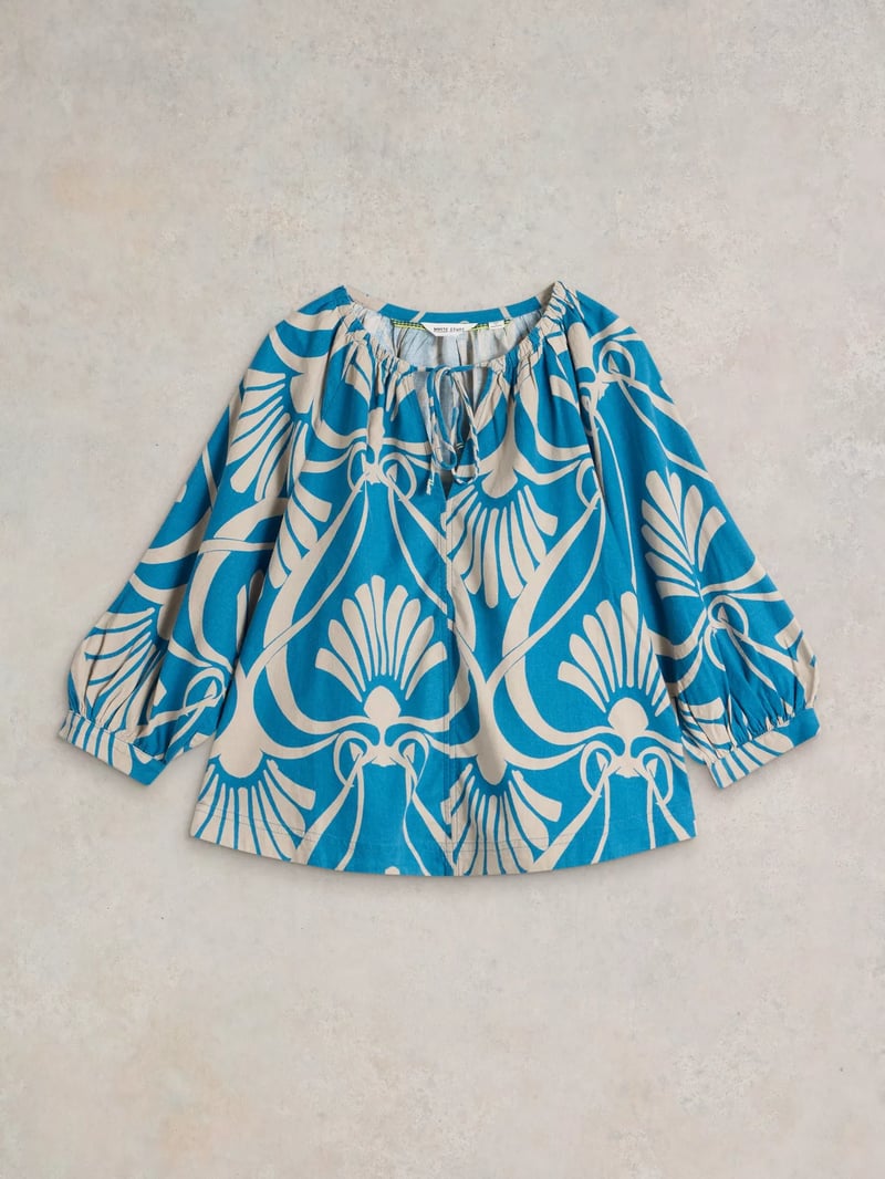 Blue and Off-White Abstract Print Tie-Up Neck Top