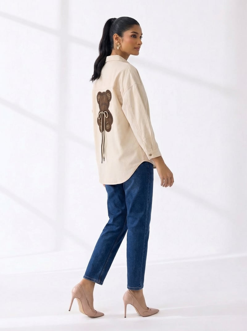 Beige Button-Down Shirt with Teddy Back Appliqué