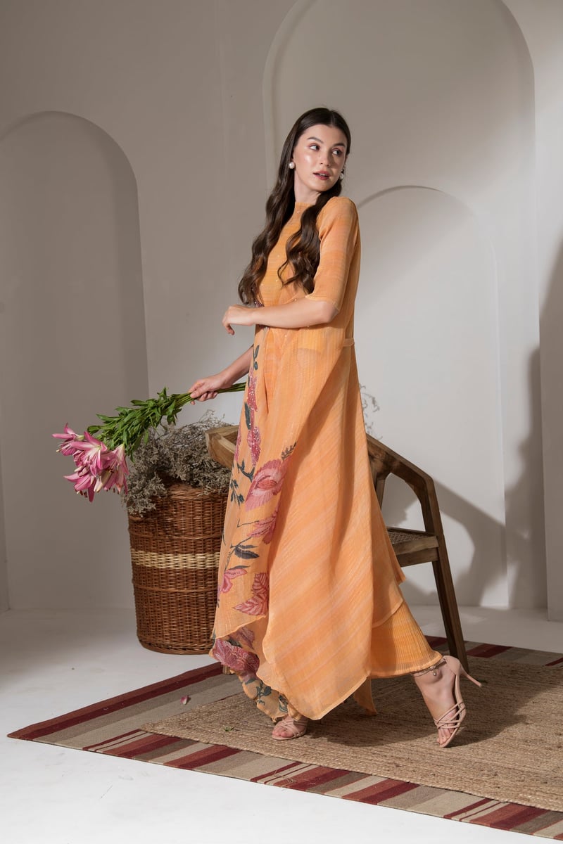 Golden Yellow Floral Kaftan Kurta Palazzo Co-ord Set
