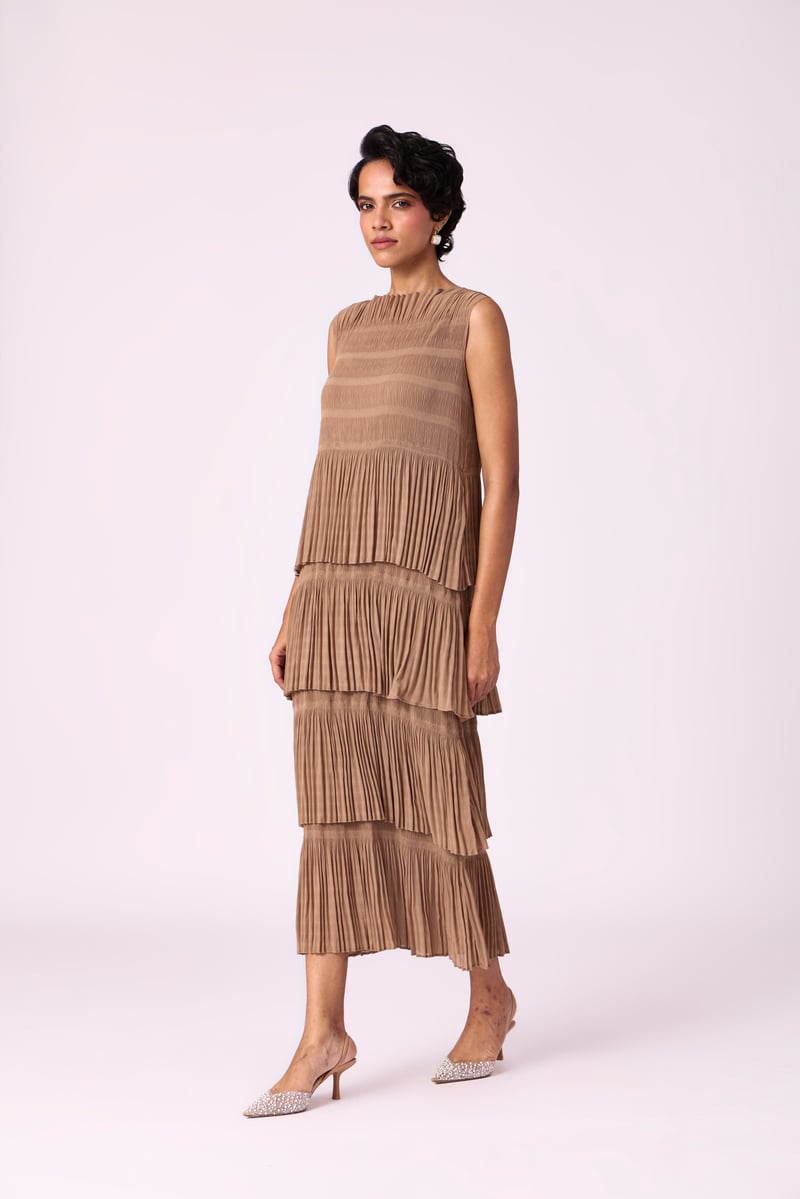 Taupe Tiered Pleated Chiffon Maxi Dress