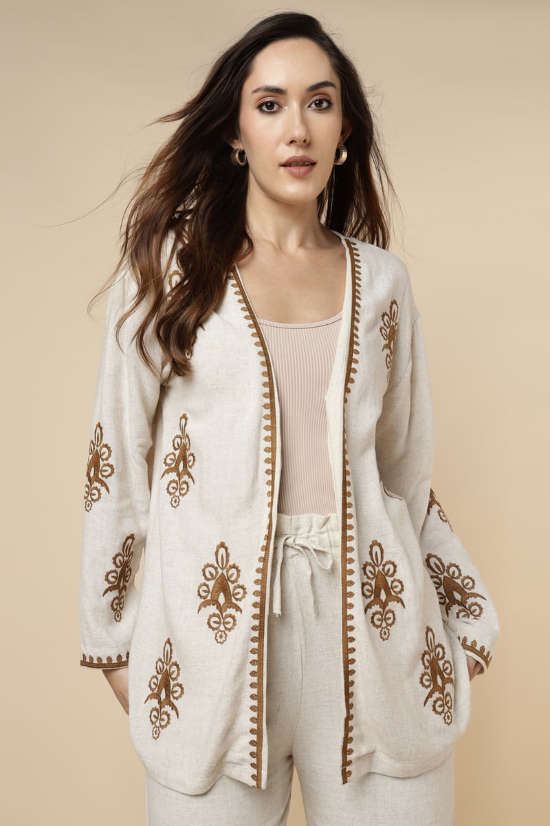 Natural Cotton Shrug and Wide-Leg Pants Co-ord Set