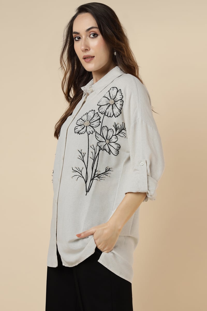 Natural Floral Embellished Longline Shirt