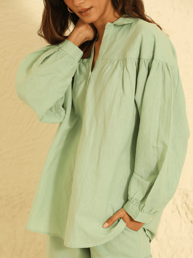 Sage Green Linen-Blend Shirt and Pants Co-ord Set