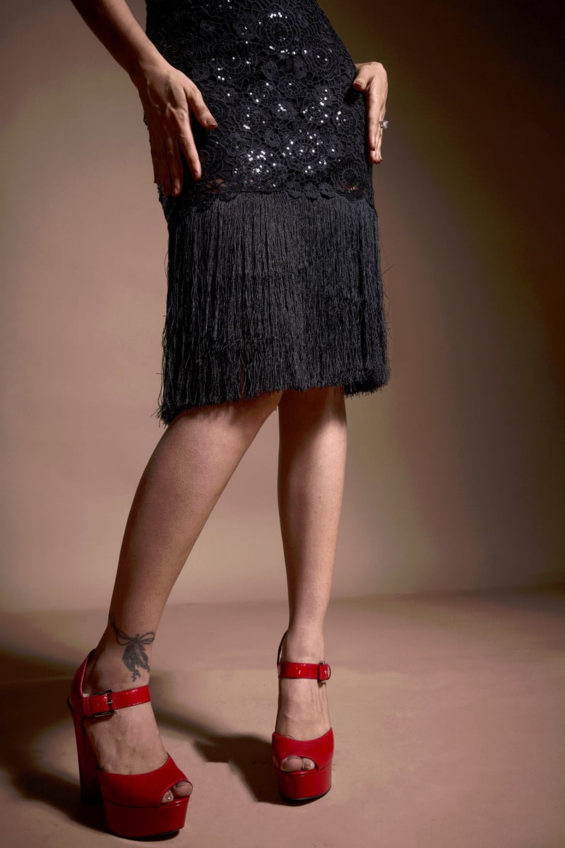 Black Strapless Sequin Lace Fringe Hem Midi Dress