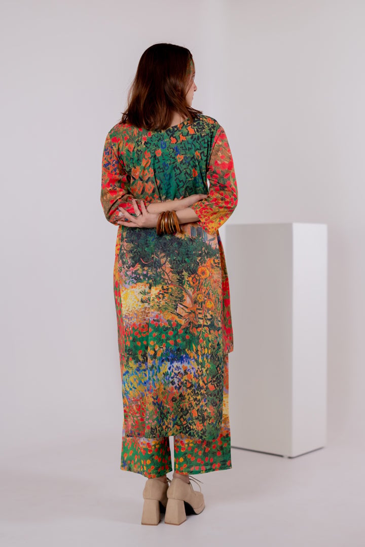 Multicolor Scenic Print Cambric Cotton Kurta Set
