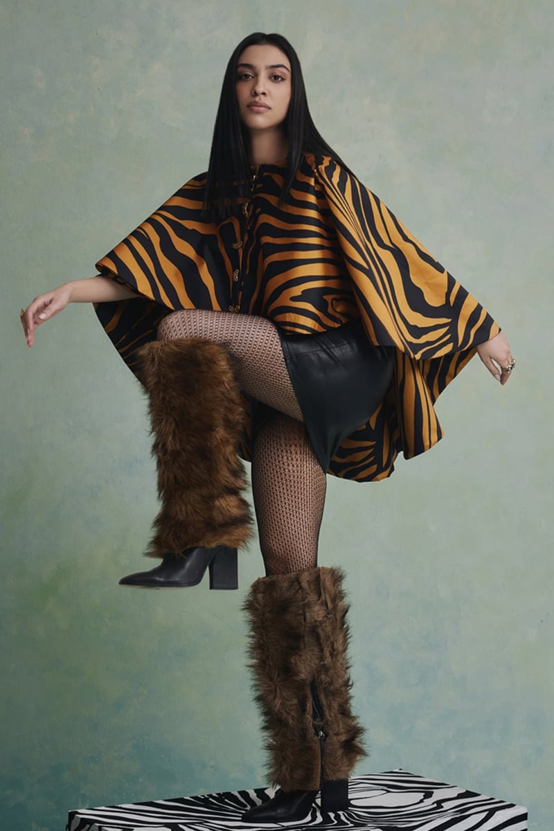 Black/Yellow Tiger Print High-Low Cape Jacket