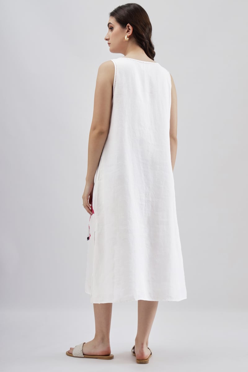 White Linen Sleeveless Midi Dress with Flamingo Motif