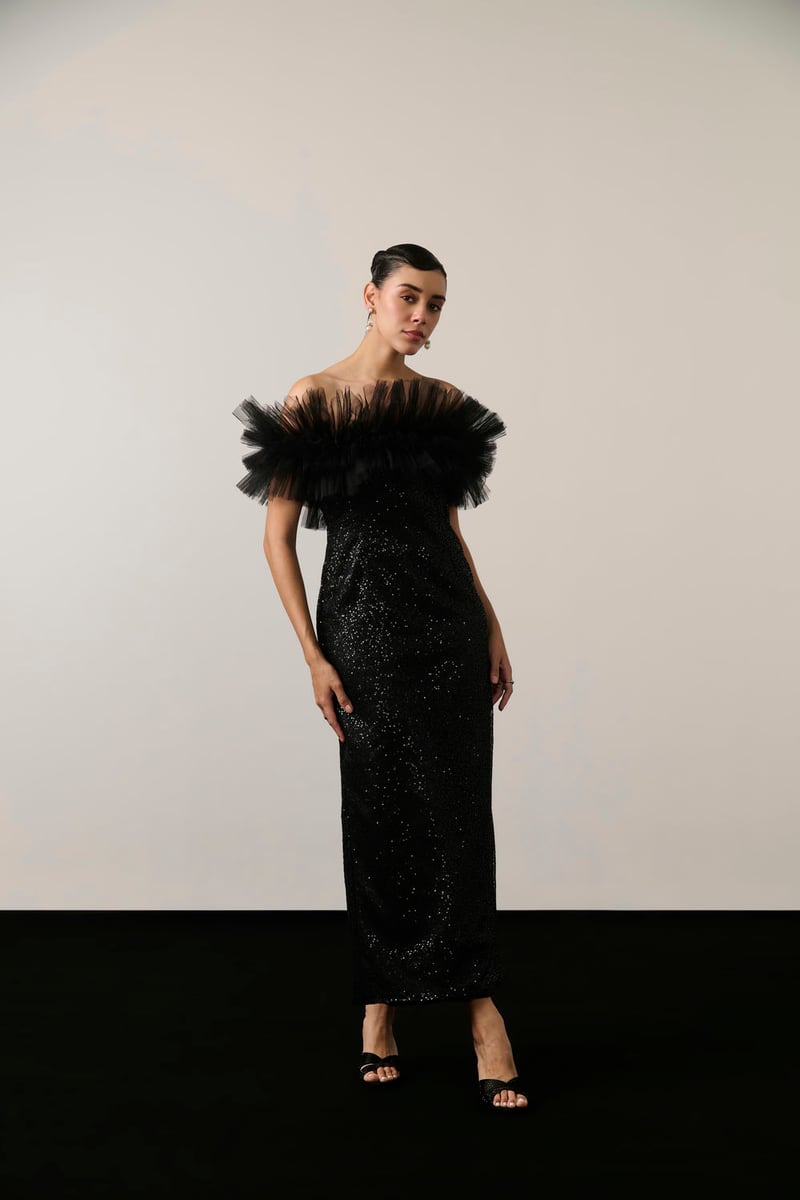 Black Sequin Off-Shoulder Ruffle Maxi Dress