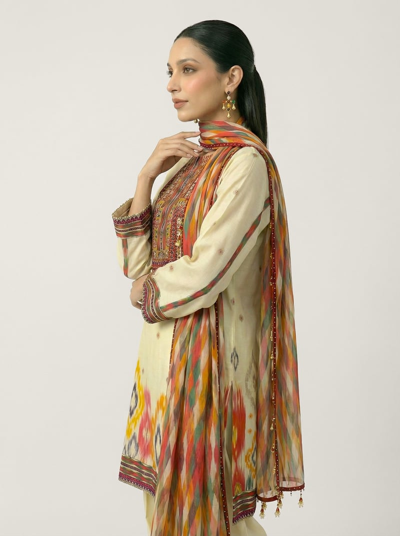Off-White Printed Muslin Silk Kurta Set with Dupatta