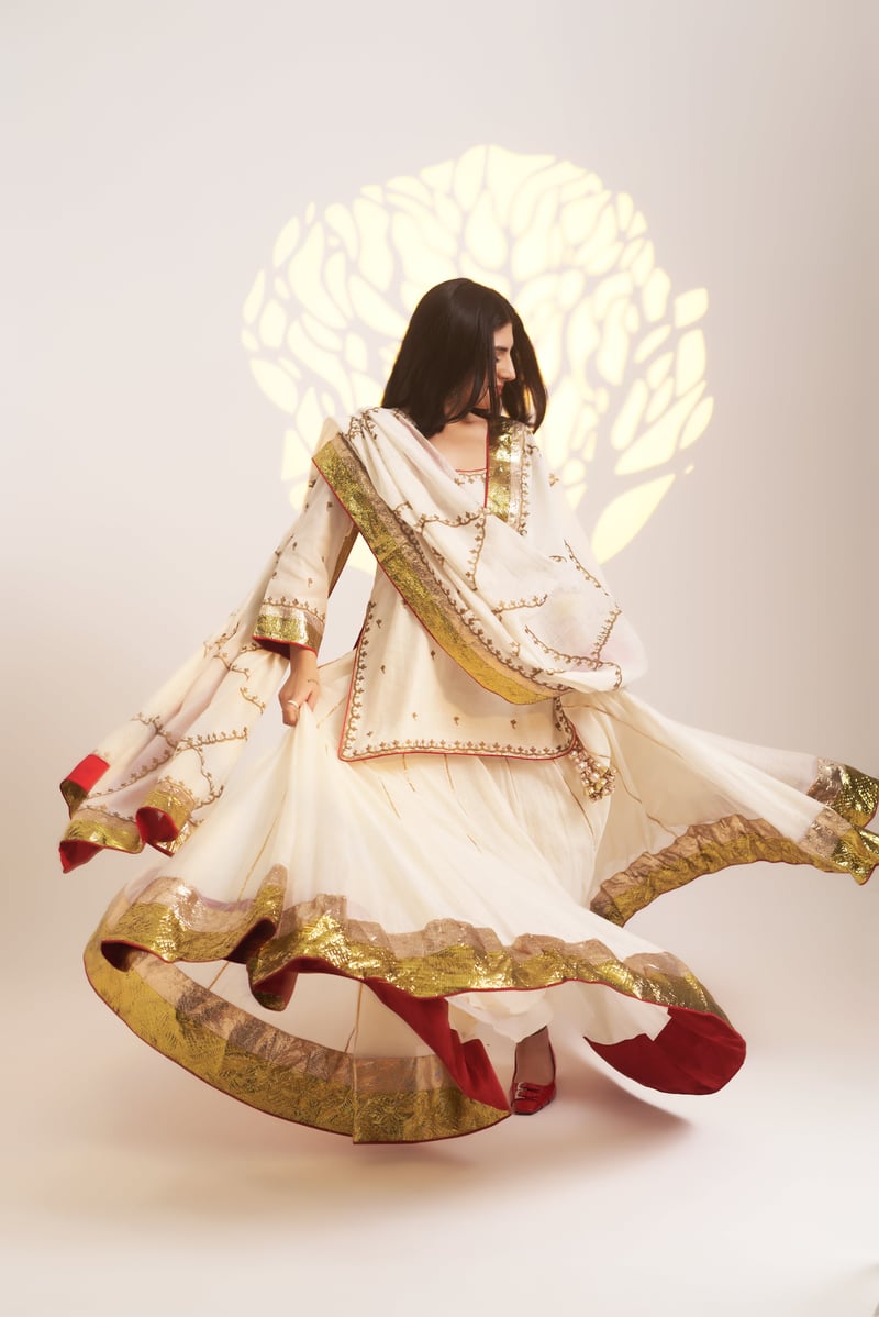 Ivory Gold Silk Chanderi Lehenga Set with Bell-Sleeve Jacket