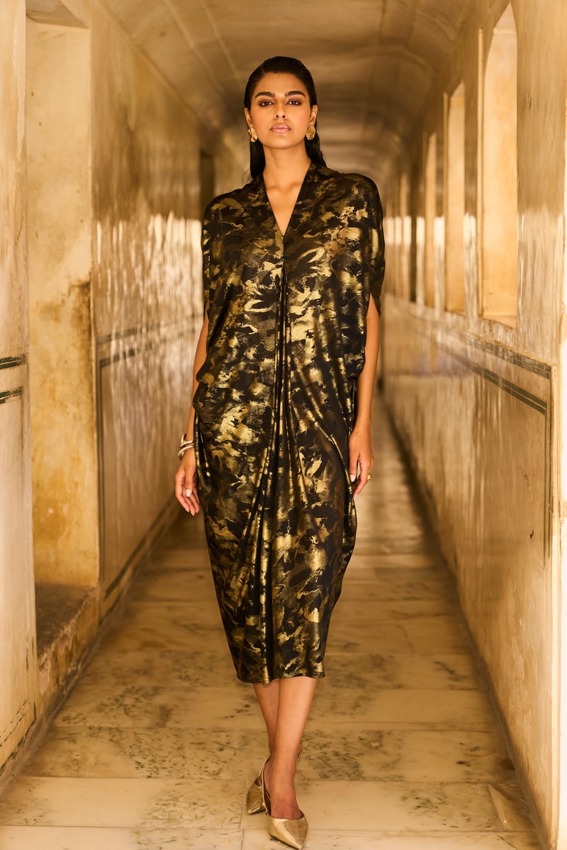 Black/Gold Foil Print Drape Cowl Kaftan
