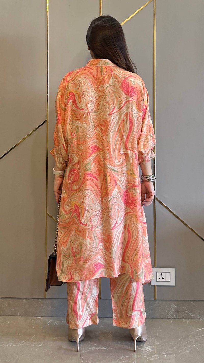 Peach Abstract Printed Muslin Co-ord Set with Wide-Leg Pants