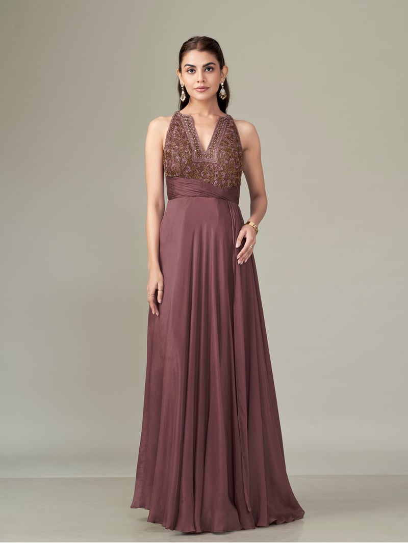 Dusty Rose Chiffon Halter-Neck Embroidered Maxi Gown