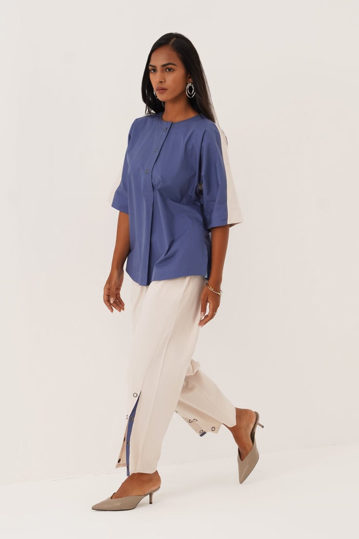 Blue and White Colorblocked Shirt and Pants Co-ord Set