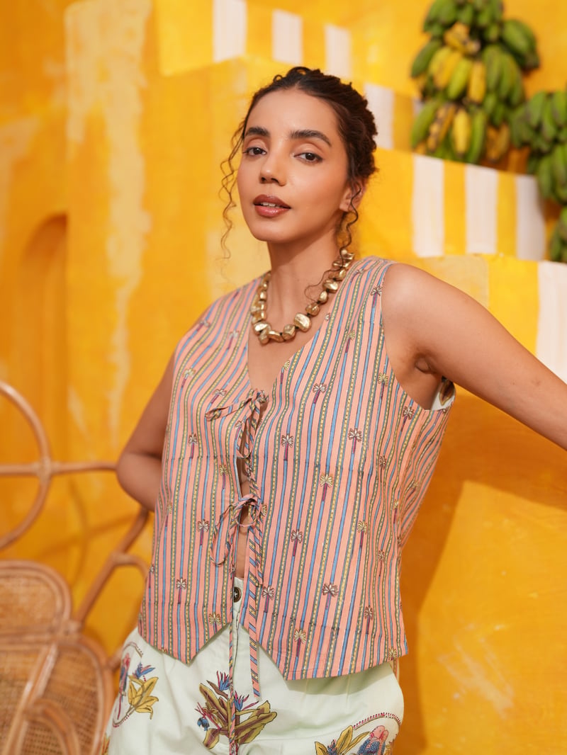 Cool Mint Striped Tie-Up Vest Jacket