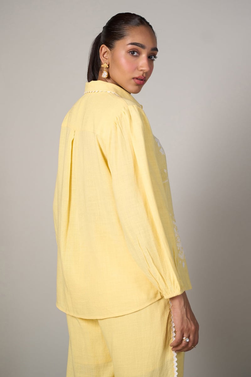 Yellow Embroidered Collared Button-Down Top