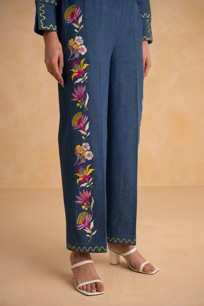 Indigo Blue Embroidered Denim Co-ord Set