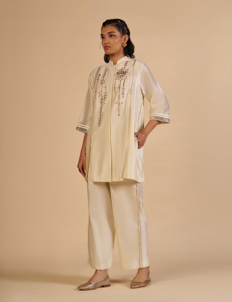 Off White Boxy Silk Chanderi Shirt with Gota Work