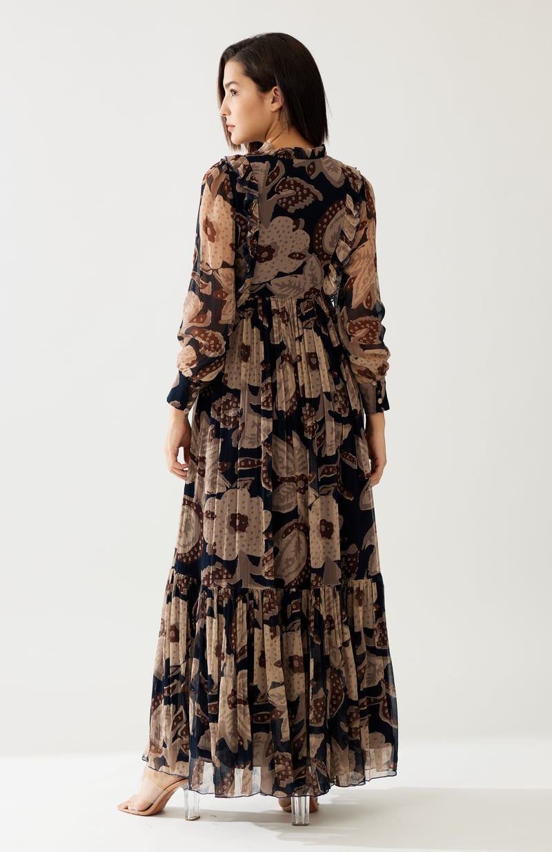 Dark Blue And Beige Floral Long Dress