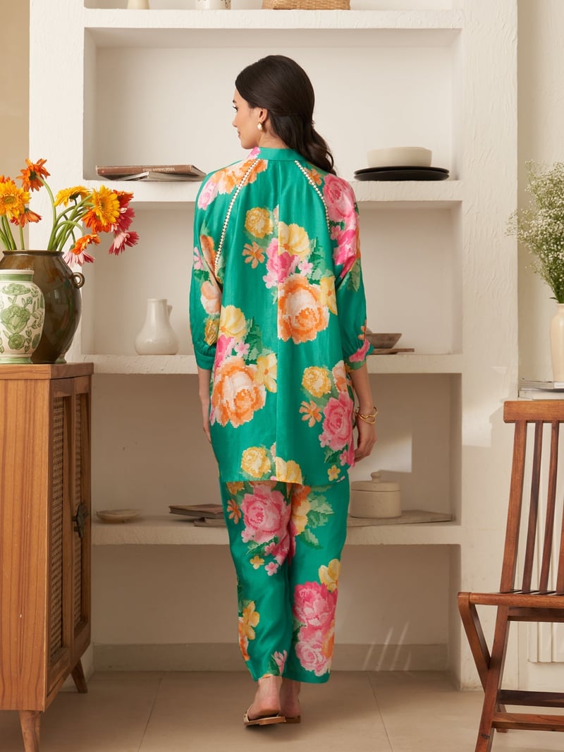 Green Floral Silk Shirt and Pants Co-ord Set