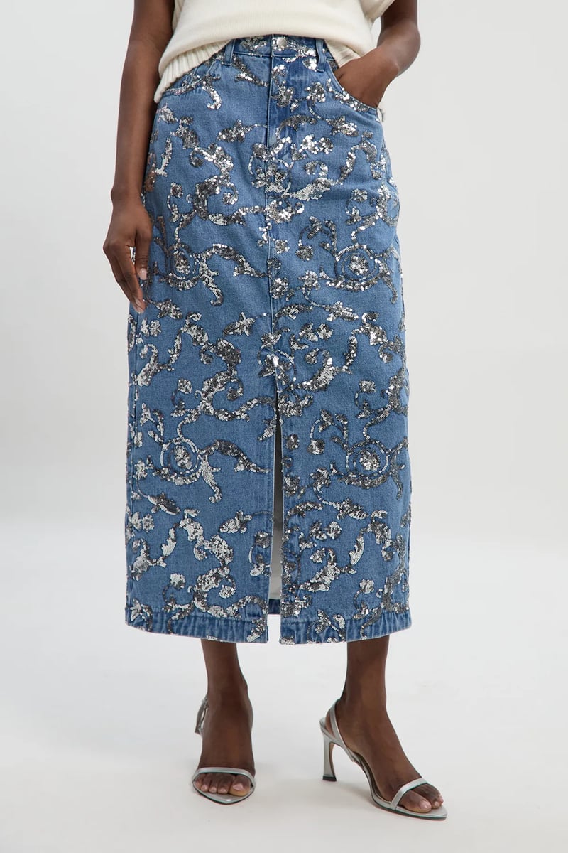 Mid Blue Sequin-Embellished Denim Midi Skirt — KAREN MILLEN