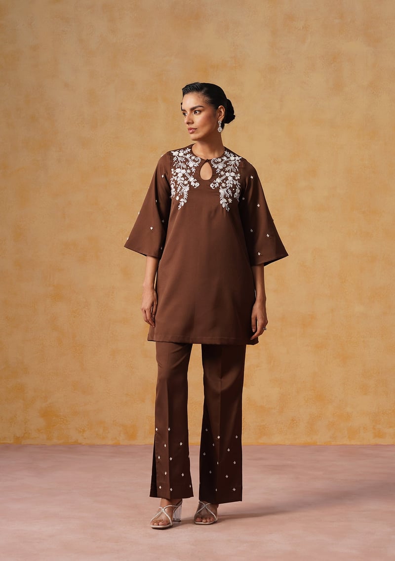 Chocolate Brown Embroidered Tunic and Flared Pants Co-ord Set