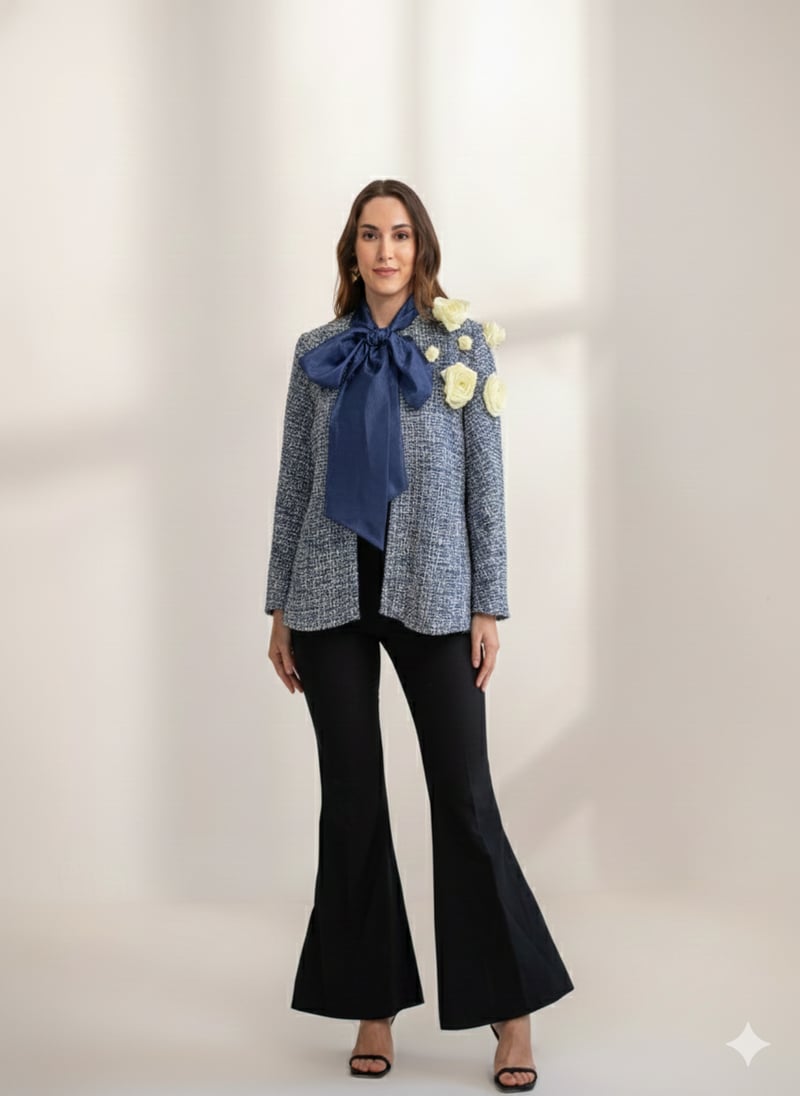 Blue Tweed Cape with 3D Floral Shoulder Detail — AKSH